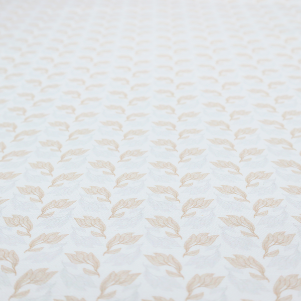 Fabric featuring a subtle, repeating pattern of delicate, stylized floral vine stems in muted beige and light grey tones on a soft white background.