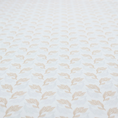 Fabric featuring a subtle, repeating pattern of delicate, stylized floral vine stems in muted beige and light grey tones on a soft white background.