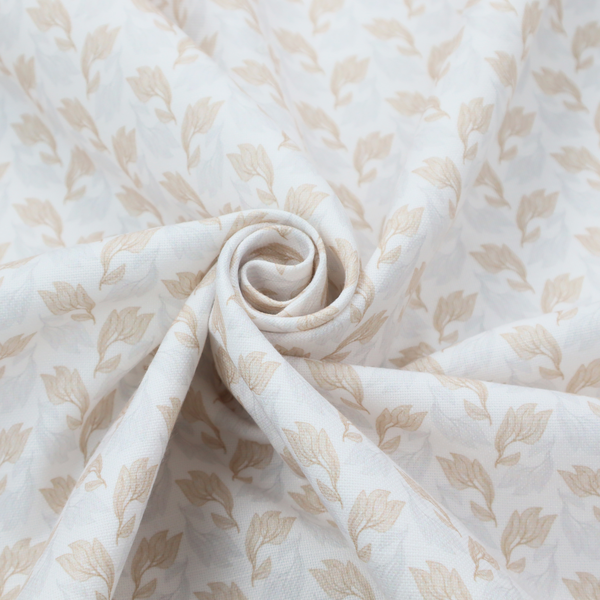 Fabric featuring a subtle, repeating pattern of delicate, stylized floral vine stems in muted beige and light grey tones on a soft white background.