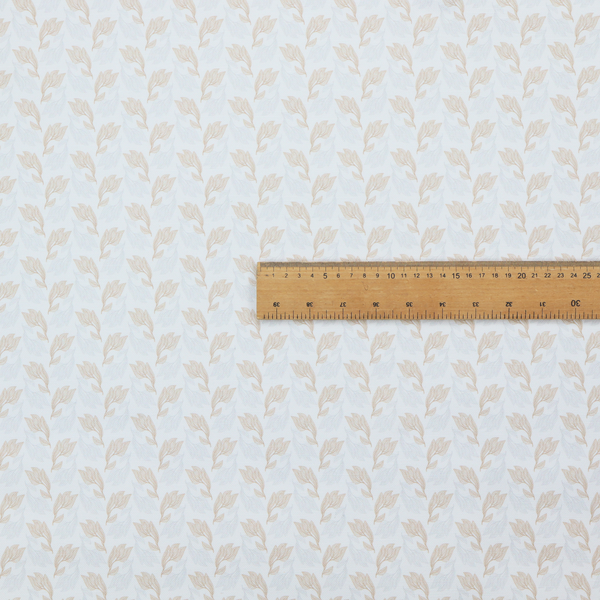 Fabric featuring a subtle, repeating pattern of delicate, stylized floral vine stems in muted beige and light grey tones on a soft white background.