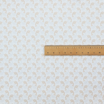 Fabric featuring a subtle, repeating pattern of delicate, stylized floral vine stems in muted beige and light grey tones on a soft white background.