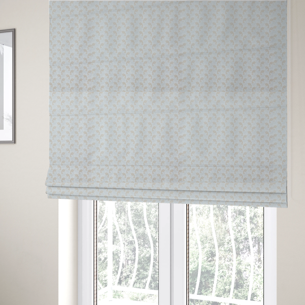 The fabric used to create these Roman blinds is featuring a subtle, repeating pattern of delicate, stylized floral vine stems in muted beige and light grey tones on a soft white background.