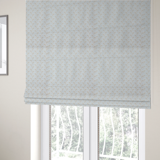 The fabric used to create these Roman blinds is featuring a subtle, repeating pattern of delicate, stylized floral vine stems in muted beige and light grey tones on a soft white background.