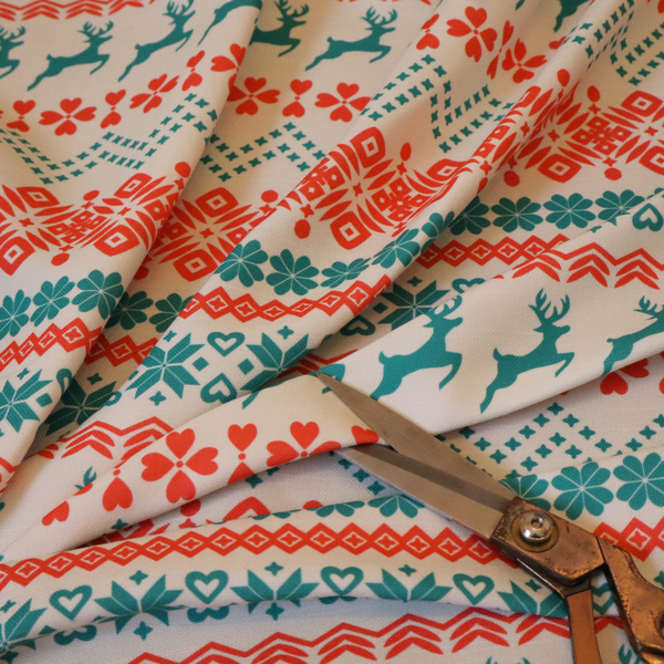 Teal and Red Fair Isle Scandi Christmas Print Upholstery Fabric DP-59