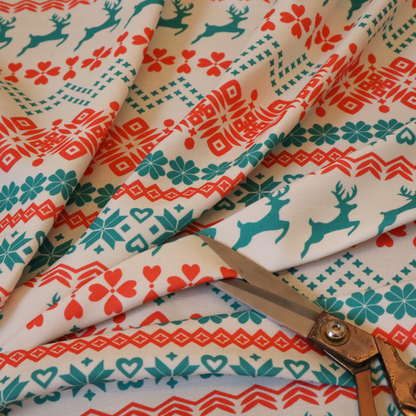 Teal and Red Fair Isle Scandi Christmas Print Upholstery Fabric DP-59