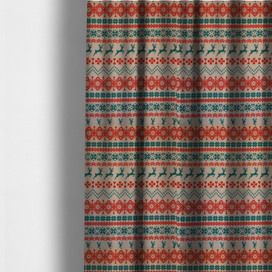 Teal and Red Fair Isle Scandi Christmas Print Upholstery Fabric DP-59 - Made To Measure Curtains