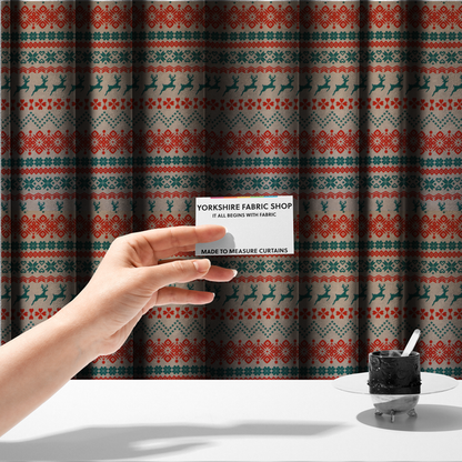 Teal and Red Fair Isle Scandi Christmas Print Upholstery Fabric DP-59 - Made To Measure Curtains