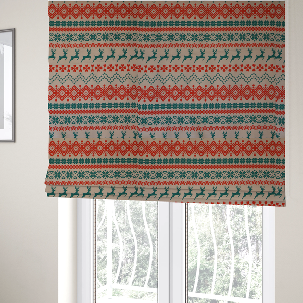 Teal and Red Fair Isle Scandi Christmas Print Upholstery Fabric DP-59 - Roman Blinds
