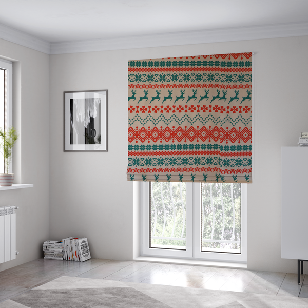 Teal and Red Fair Isle Scandi Christmas Print Upholstery Fabric DP-59 - Roman Blinds