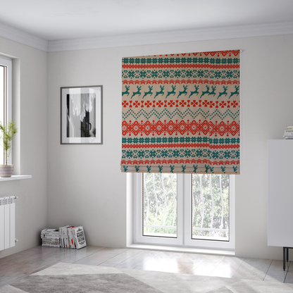 Teal and Red Fair Isle Scandi Christmas Print Upholstery Fabric DP-59 - Roman Blinds