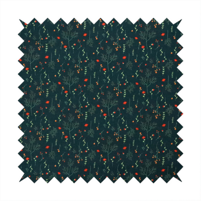 Dark forest green fabric featuring a delicate, scattered botanical print. The pattern includes fine, wispy light green twigs, tiny light green leaves, and small, vibrant red wildflowers and buds spread evenly across the textured dark background.