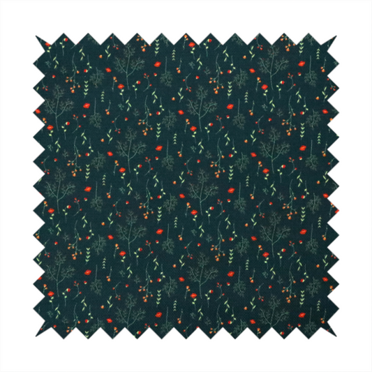Dark forest green fabric featuring a delicate, scattered botanical print. The pattern includes fine, wispy light green twigs, tiny light green leaves, and small, vibrant red wildflowers and buds spread evenly across the textured dark background.