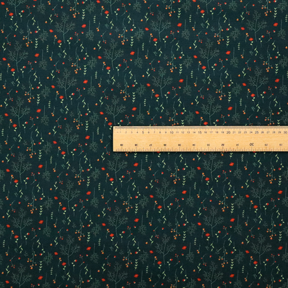 Dark forest green fabric featuring a delicate, scattered botanical print. The pattern includes fine, wispy light green twigs, tiny light green leaves, and small, vibrant red wildflowers and buds spread evenly across the textured dark background.