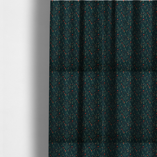 The fabric used to create these made-to-measure curtains is a dark forest green fabric featuring a delicate, scattered botanical print. The pattern includes fine, wispy light green twigs, tiny light green leaves, and small, vibrant red wildflowers and buds spread evenly across the textured dark background.
