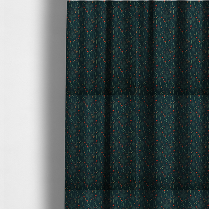 The fabric used to create these made-to-measure curtains is a dark forest green fabric featuring a delicate, scattered botanical print. The pattern includes fine, wispy light green twigs, tiny light green leaves, and small, vibrant red wildflowers and buds spread evenly across the textured dark background.