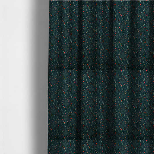 The fabric used to create these made-to-measure curtains is a dark forest green fabric featuring a delicate, scattered botanical print. The pattern includes fine, wispy light green twigs, tiny light green leaves, and small, vibrant red wildflowers and buds spread evenly across the textured dark background.