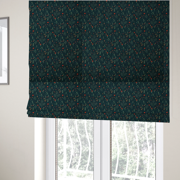 The fabric used to create these Roman blinds is a dark forest green fabric featuring a delicate, scattered botanical print. The pattern includes fine, wispy light green twigs, tiny light green leaves, and small, vibrant red wildflowers and buds spread evenly across the textured dark background.