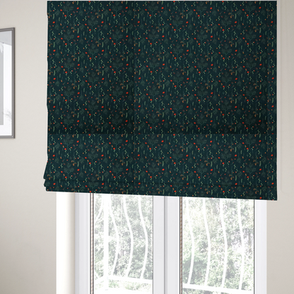 The fabric used to create these Roman blinds is a dark forest green fabric featuring a delicate, scattered botanical print. The pattern includes fine, wispy light green twigs, tiny light green leaves, and small, vibrant red wildflowers and buds spread evenly across the textured dark background.