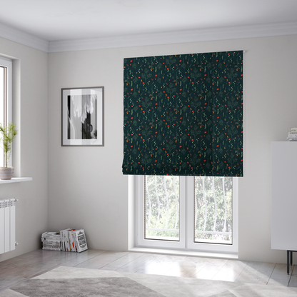 The fabric used to create these Roman blinds is a dark forest green fabric featuring a delicate, scattered botanical print. The pattern includes fine, wispy light green twigs, tiny light green leaves, and small, vibrant red wildflowers and buds spread evenly across the textured dark background.