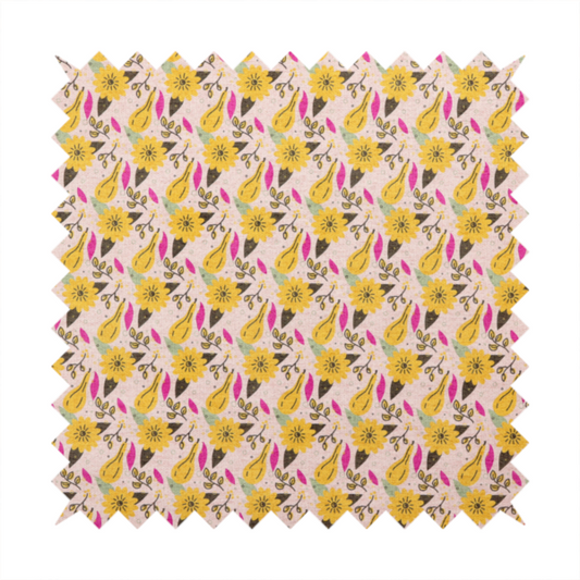 Light pink textured fabric with a dense retro pattern featuring mustard yellow sunflowers and pears. The design includes small sage green leaves, dark line-art twigs, and vibrant fuchsia pink leaf accents repeated seamlessly throughout the textile.