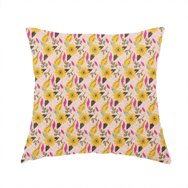 The fabric used to create this handmade cushion is a light pink textured fabric with a dense retro pattern featuring mustard yellow sunflowers and pears. The design includes small sage green leaves, dark line-art twigs, and vibrant fuchsia pink leaf accents repeated seamlessly throughout the textile.