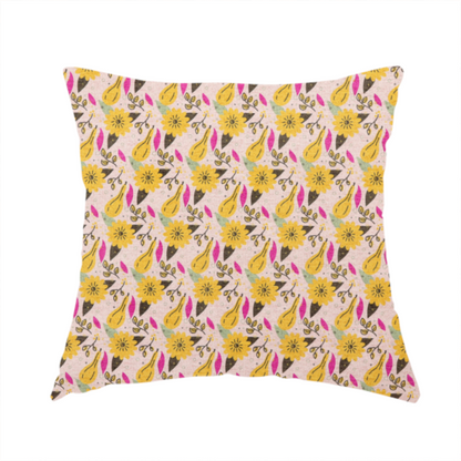 The fabric used to create this handmade cushion is a light pink textured fabric with a dense retro pattern featuring mustard yellow sunflowers and pears. The design includes small sage green leaves, dark line-art twigs, and vibrant fuchsia pink leaf accents repeated seamlessly throughout the textile.