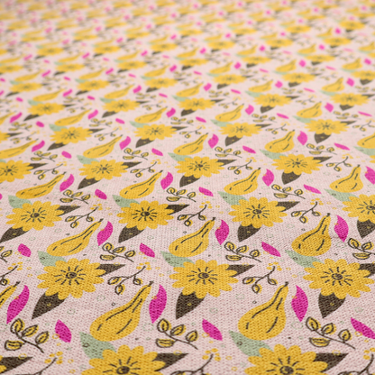 Light pink textured fabric with a dense retro pattern featuring mustard yellow sunflowers and pears. The design includes small sage green leaves, dark line-art twigs, and vibrant fuchsia pink leaf accents repeated seamlessly throughout the textile (Pattern DP-592-1).