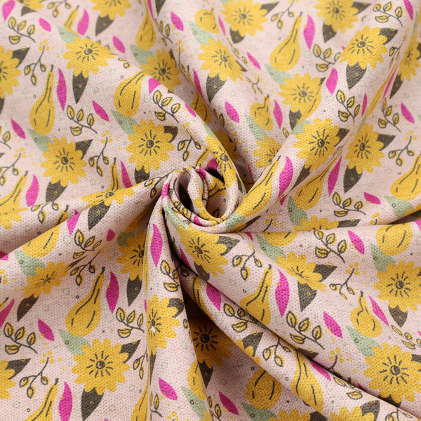 Light pink textured fabric with a dense retro pattern featuring mustard yellow sunflowers and pears. The design includes small sage green leaves, dark line-art twigs, and vibrant fuchsia pink leaf accents repeated seamlessly throughout the textile (Pattern DP-592-1).