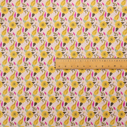 Light pink textured fabric with a dense retro pattern featuring mustard yellow sunflowers and pears. The design includes small sage green leaves, dark line-art twigs, and vibrant fuchsia pink leaf accents repeated seamlessly throughout the textile (Pattern DP-592-1).