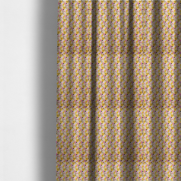 The fabric used to create these made-to-measure curtains is a light pink textured fabric with a dense retro pattern featuring mustard yellow sunflowers and pears. The design includes small sage green leaves, dark line-art twigs, and vibrant fuchsia pink leaf accents repeated seamlessly throughout the textile.