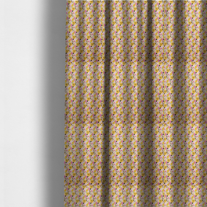 The fabric used to create these made-to-measure curtains is a light pink textured fabric with a dense retro pattern featuring mustard yellow sunflowers and pears. The design includes small sage green leaves, dark line-art twigs, and vibrant fuchsia pink leaf accents repeated seamlessly throughout the textile.