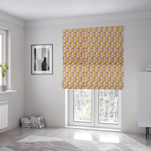 The fabric used to create these Roman blinds is a light pink textured fabric with a dense retro pattern featuring mustard yellow sunflowers and pears. The design includes small sage green leaves, dark line-art twigs, and vibrant fuchsia pink leaf accents repeated seamlessly throughout the textile.
