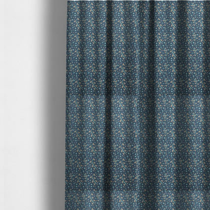 The fabric used to create these made-to-measure curtains is a slate blue textured fabric with a delicate ditsy botanical print. The repeating pattern features thin, curved mint green vine stems with small peach-coloured leaves, surrounded by tiny scattered peach polka dots and miniature teal leaf accents throughout the design.