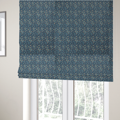 The fabric used to create these Roman blinds is a late blue textured fabric with a delicate ditsy botanical print. The repeating pattern features thin, curved mint green vine stems with small peach-coloured leaves, surrounded by tiny scattered peach polka dots and miniature teal leaf accents throughout the design.