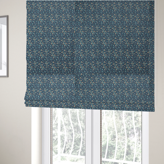 The fabric used to create these Roman blinds is a late blue textured fabric with a delicate ditsy botanical print. The repeating pattern features thin, curved mint green vine stems with small peach-coloured leaves, surrounded by tiny scattered peach polka dots and miniature teal leaf accents throughout the design.