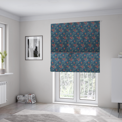 The fabric used to create these Roman blinds is a deep teal blue fabric featuring a subtle crosshatch texture and a tropical botanical print. The repeating pattern showcases clusters of small rust-coral flowers, sage green palm fronds, and scattered miniature yellow starburst blooms.