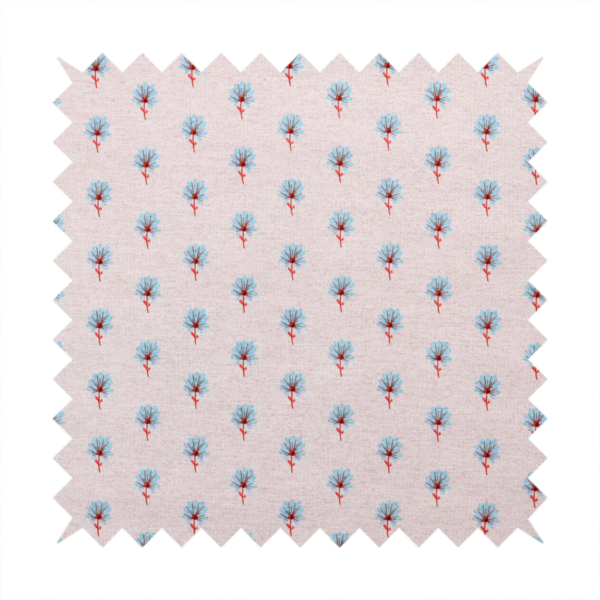 Light pink textured canvas fabric featuring a dainty, minimalist ditsy floral print. The pattern consists of neat, repeating rows of tiny cornflower blue wildflowers with slender reddish-brown stems spread evenly across the soft pastel background.