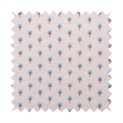 Light pink textured canvas fabric featuring a dainty, minimalist ditsy floral print. The pattern consists of neat, repeating rows of tiny cornflower blue wildflowers with slender reddish-brown stems spread evenly across the soft pastel background.