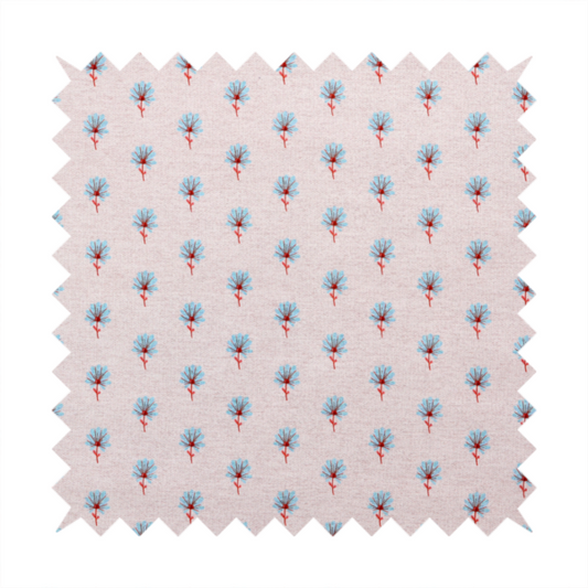 Light pink textured canvas fabric featuring a dainty, minimalist ditsy floral print. The pattern consists of neat, repeating rows of tiny cornflower blue wildflowers with slender reddish-brown stems spread evenly across the soft pastel background.