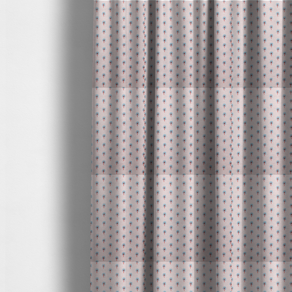 The fabric used to create these made-to-measure curtains is a light pink textured canvas fabric featuring a dainty, minimalist ditsy floral print. The pattern consists of neat, repeating rows of tiny cornflower blue wildflowers with slender reddish-brown stems spread evenly across the soft pastel background.