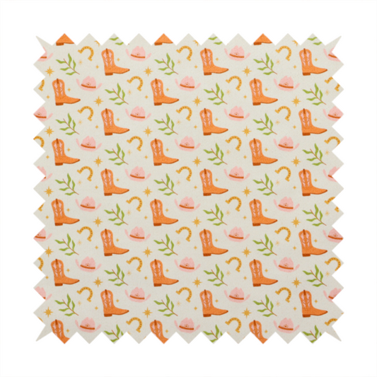 A repeating pattern of cowboy-themed illustrations on a cream-coloured fabric backdrop. The design features light orange cowboy boots, pale pink cowboy hats, golden horseshoes, small green leafy sprigs, and delicate four-pointed stars scattered throughout.