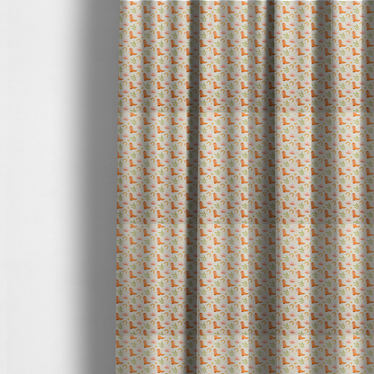The fabric used to create these made-to-measure curtains is a repeating pattern of cowboy-themed illustrations on a cream-coloured fabric backdrop. The design features light orange cowboy boots, pale pink cowboy hats, golden horseshoes, small green leafy sprigs, and delicate four-pointed stars scattered throughout.