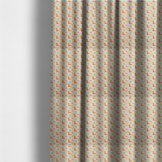 The fabric used to create these made-to-measure curtains is a repeating pattern of cowboy-themed illustrations on a cream-coloured fabric backdrop. The design features light orange cowboy boots, pale pink cowboy hats, golden horseshoes, small green leafy sprigs, and delicate four-pointed stars scattered throughout.