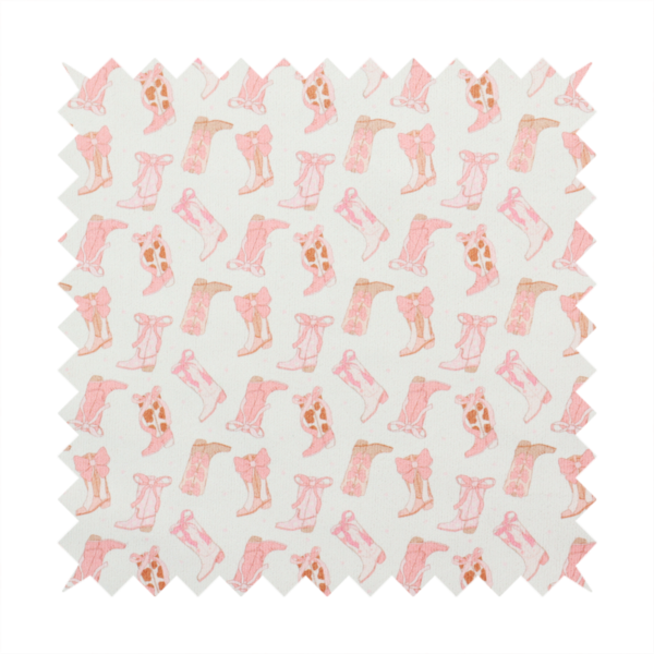 A repeating seamless pattern featuring an assortment of illustrated cowboy and cowgirl boots against a clean, off-white background. The boots are rendered in a soft, whimsical style with a colour palette consisting of various shades of pink, cream, light tan, and occasional brown accents.