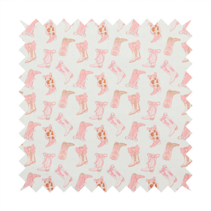 A repeating seamless pattern featuring an assortment of illustrated cowboy and cowgirl boots against a clean, off-white background. The boots are rendered in a soft, whimsical style with a colour palette consisting of various shades of pink, cream, light tan, and occasional brown accents.