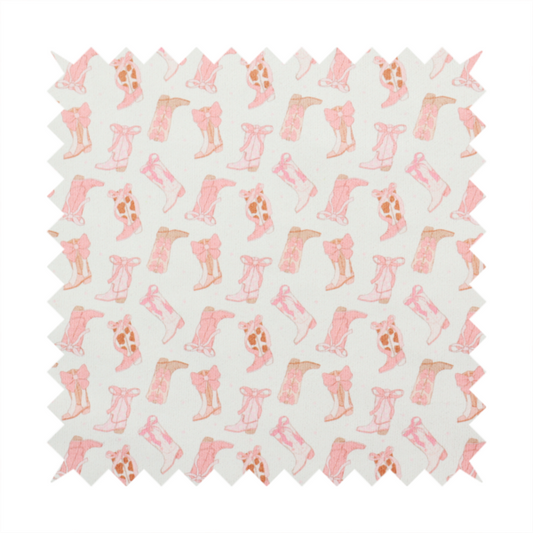 A repeating seamless pattern featuring an assortment of illustrated cowboy and cowgirl boots against a clean, off-white background. The boots are rendered in a soft, whimsical style with a colour palette consisting of various shades of pink, cream, light tan, and occasional brown accents.