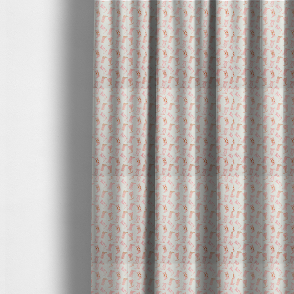The fabric used to create these made-to-measure curtains is a repeating seamless pattern featuring an assortment of illustrated cowboy and cowgirl boots against a clean, off-white background. The boots are rendered in a soft, whimsical style with a colour palette consisting of various shades of pink, cream, light tan, and occasional brown accents.