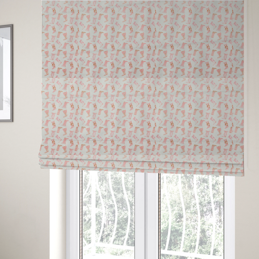 The fabric used to create these Roman blinds is a repeating seamless pattern featuring an assortment of illustrated cowboy and cowgirl boots against a clean, off-white background. The boots are rendered in a soft, whimsical style with a colour palette consisting of various shades of pink, cream, light tan, and occasional brown accents.