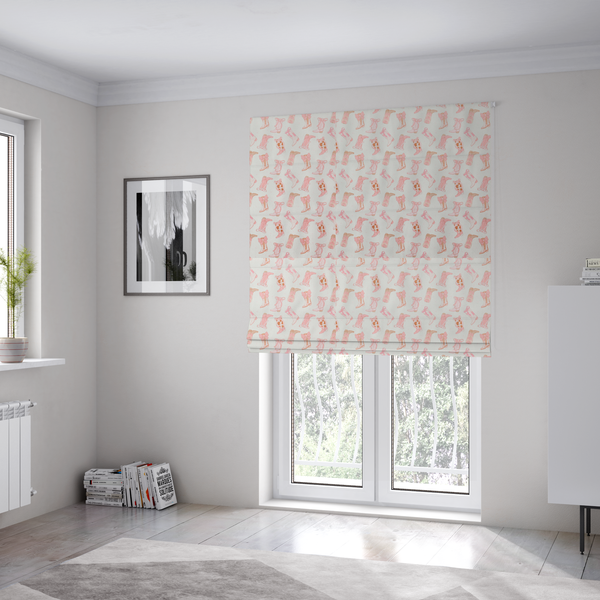 The fabric used to create these Roman blinds is a repeating seamless pattern featuring an assortment of illustrated cowboy and cowgirl boots against a clean, off-white background. The boots are rendered in a soft, whimsical style with a colour palette consisting of various shades of pink, cream, light tan, and occasional brown accents.
