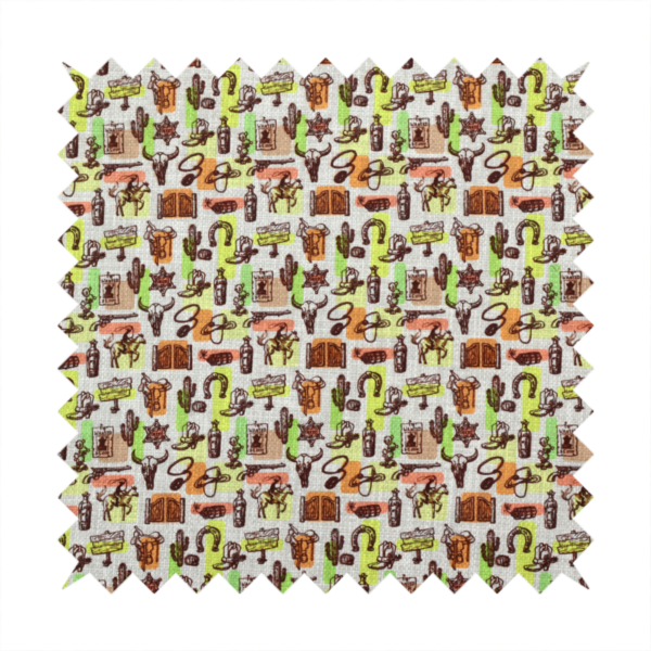 A dense, repeating vintage western pattern featuring retro sketch-style illustrations over a textured, linen-look light grey background. The black-ink sketches are highlighted by abstract blocks of colour in lime green, terracotta orange, and muted brown, giving the fabric a mid-century modern or retro pop-art feel.